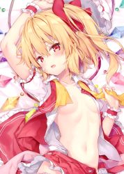 Rule 34 | 1girl, absurdres, arm up, bed sheet, blonde hair, blush, bow, breasts, collarbone, flandre scarlet, hair bow, hat, highres, long hair, lying, mob cap, navel, open clothes, open mouth, ponytail, puffy short sleeves, puffy sleeves, red bow, red eyes, riichu, scan, shiny skin, short sleeves, side ponytail, simple background, small breasts, solo, stomach, touhou, wings, wrist cuffs