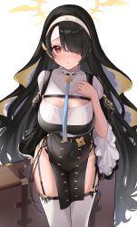 Rule 34 | 1girl, absurdres, asymmetrical bangs, black hair, blue archive, blush, breasts, cleavage cutout, clothing cutout, covered navel, earrings, eyes visible through hair, garter straps, habit, hair over one eye, halo, hand on own chest, highres, hinata (blue archive), honome sui, jewelry, large breasts, long hair, nun, pelvic curtain, red eyes, simple background, solo, suitcase, thighhighs, very long hair, white background, white thighhighs