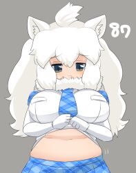 Rule 34 | 1girl, :3, animal ear fluff, animal ears, blue necktie, blue skirt, blush, breasts, closed mouth, clothes lift, commentary request, cowboy shot, elbow gloves, fur collar, gloves, grey background, grey eyes, highres, kemono friends, large breasts, lets0020, lifting own clothes, lion ears, lion girl, long hair, looking at viewer, medium bangs, navel, necktie, numbered, plaid, plaid necktie, plaid skirt, plump, shirt lift, simple background, skirt, smile, solo, white gloves, white hair, white lion (kemono friends)