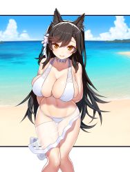 Rule 34 | 1girl, absurdres, animal ears, arms behind back, asamura hiori, atago (azur lane), atago (summer march) (azur lane), atago (summer march) (azur lane), azur lane, beach, bikini, black hair, blue sky, breasts, choker, cleavage, closed mouth, cloud, collarbone, day, feet out of frame, flower, hair flower, hair ornament, highres, horizon, knees together feet apart, large breasts, long hair, looking at viewer, mole, mole under eye, navel, orange eyes, outdoors, outside border, sarong, skindentation, sky, smile, solo, swept bangs, swimsuit, thigh gap, twintails, very long hair, white bikini