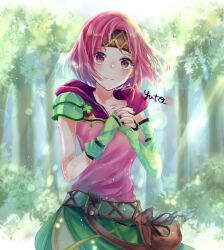 Rule 34 | 1girl, asymmetrical gloves, belt pouch, clover, fingerless gloves, fire emblem, fire emblem: the sacred stones, forest, four-leaf clover, gloves, looking at viewer, nature, neimi (fire emblem), nintendo, outdoors, own hands together, pink eyes, pink hair, pouch, short hair, solo, two-tone headband, upper body, yuyu (spika)