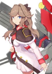 Rule 34 | 1girl, azur lane, black capelet, black thighhighs, blue eyes, breasts, brown hair, brown ribbon, capelet, clenched hand, coat, commentary request, cowboy shot, dorsetshire (azur lane), dress, fur-trimmed capelet, fur trim, hair intakes, hair ribbon, long hair, long sleeves, looking at viewer, marshall k, medium breasts, neckerchief, parted lips, red neckerchief, ribbon, rigging, searchlight, sidelocks, simple background, solo, standing, thighhighs, torpedo tubes, turret, white background, white coat, white dress, zettai ryouiki