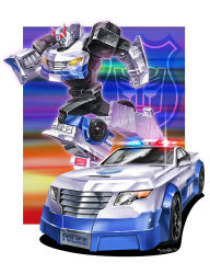 Rule 34 | autobot, blue eyes, car, clenched hands, highres, insignia, mecha, motor vehicle, no humans, police, police car, prowl (transformers), robot, running, solo, transformers, yasukuni kazumasa