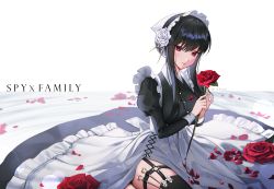 Rule 34 | 1girl, alternate costume, black hair, black shirt, black thighhighs, blood, blood on clothes, blouse, blush, breasts, buttons, closed mouth, commentary request, copyright name, enmaided, flower, frills, hair flower, hair ornament, hands up, highres, holding, holding flower, holster, kkuni, large breasts, long hair, long skirt, maid, maid headdress, petals, red eyes, red flower, red rose, rose, rose petals, shirt, sidelocks, sitting, skirt, smile, solo, spikes, spy x family, thigh holster, thighhighs, white flower, white rose, white skirt, yor briar