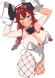 Rule 34 | 1girl, animal ears, asava (hutaitenn), black bow, black bowtie, black gloves, bow, bowtie, braid, breasts, brown hair, cleavage, cowboy shot, cropped legs, detached collar, fishnet pantyhose, fishnets, gloves, green eyes, highres, kantai collection, large breasts, leotard, long hair, looking at viewer, noshiro (kancolle), pantyhose, playboy bunny, rabbit ears, rabbit pose, rabbit tail, simple background, solo, swept bangs, tail, twin braids, white background, white leotard, wrist cuffs