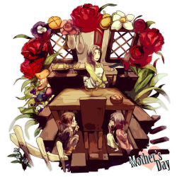 Rule 34 | 1boy, 2girls, apron, arm behind back, basket, black hair, bread, brown hair, candlestand, carla yeager, carnation, chair, child, eren yeager, closed eyes, finger to mouth, flower, food, gift, grin, hand over mouth, hiding, houhou (black lack), indoors, jacket, kitchen, long hair, low-tied long hair, mikasa ackerman, mother&#039;s day, mother and son, multiple girls, pants, red flower, red rose, rose, scarf, shingeki no kyojin, shirt, short hair, shushing, smile, squatting, table, window, aged down