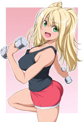Rule 34 | 1girl, :d, ass, bare arms, bare shoulders, black tank top, blonde hair, blush, border, commentary request, covered erect nipples, cowboy shot, dark-skinned female, dark skin, dumbbell, dumbbell nan kilo moteru?, gradient background, green eyes, hair between eyes, hand up, highres, holding, long hair, looking at viewer, nori tamago, open mouth, outline, outside border, pink background, red shorts, sakura hibiki, short shorts, shorts, sidelocks, smile, solo, standing, standing on one leg, strap gap, tank top, thighs, twintails, white border, white outline
