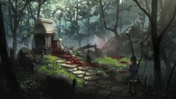 Rule 34 | 1girl, black thighhighs, blood, blood on ground, blue hat, brown hair, day, forest, grass, hat, holding, japanese clothes, kinshi, long hair, miko, nature, original, outdoors, ponytail, rock, scenery, solo, standing, thighhighs, tombstone, tree, wide shot, zettai ryouiki