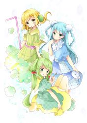 Rule 34 | 3girls, :&gt;, :q, absurdres, bad id, bad pixiv id, bitter melon, blonde hair, blue hair, blue shirt, blunt bangs, blush, braid, cherry hair ornament, commentary request, dress, drinking straw, food, food-themed hair ornament, fruit, green dress, green eyes, hair ornament, hair scrunchie, hairclip, hand to own mouth, head tilt, highres, holding, holding spoon, holding stuffed toy, layered dress, looking at viewer, looking back, melon, mouth hold, multiple girls, original, oversized object, pinstripe pattern, polka dot, scrunchie, shirt, short sleeves, sitting, sleeves rolled up, spoon, standing, striped, stuffed animal, stuffed toy, thighhighs, tongue, tongue out, tsukiyo (skymint), twin braids, twintails, unmoving pattern, yellow legwear