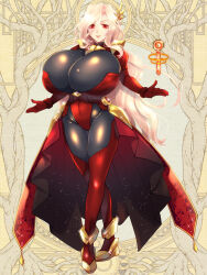 Rule 34 | 1girl, anklet, black bodysuit, blonde hair, bodysuit, bodysuit under clothes, branch, breasts, covered navel, crossed legs, dairoku ryouhei, dress, floral print, full body, gem, gigantic breasts, gloves, gold, gold trim, hair between eyes, hair intakes, hair ornament, hands up, heels, high heels, highleg, highleg leotard, huge breasts, jewelry, leotard, light particles, linea alba, lipstick, long hair, long sleeves, looking at viewer, makeup, navel, official art, open hands, parted bangs, parted lips, puffy sleeves, red dress, red eyes, red gemstone, red gloves, red leotard, red thighhighs, reflection, shiny clothes, shrug (clothing), skin tight, skindentation, skirt, solo, standing, thighhighs, tomoming, tree, two-sided fabric, undersized breast cup, usalia sin, very long hair, yellow background