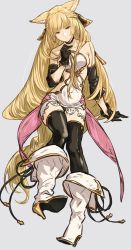 Rule 34 | 10s, 1girl, bare shoulders, black gloves, black thighhighs, blonde hair, boots, braid, breasts, closed mouth, coattails, collarbone, commentary request, detached sleeves, dress, erune, gloves, granblue fantasy, grey background, high heel boots, high heels, highres, light smile, long hair, looking at viewer, medium breasts, purple eyes, revealing clothes, robo8, short dress, sideboob, simple background, smile, solo, thighhighs, very long hair, white dress, white footwear, yuisis (granblue fantasy)