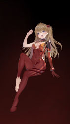 Rule 34 | 1girl, absurdres, arm support, artist request, blue eyes, bodysuit, breasts, brown hair, cleavage cutout, clothing cutout, curvy, full body, hair ornament, highres, interface headset, invisible chair, long hair, looking at viewer, neon genesis evangelion, plugsuit, shiny clothes, simple background, sitting, solo, souryuu asuka langley, standing, toes, torn clothes, twintails, very long hair, wide hips