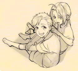 Rule 34 | 2boys, aged down, ahoge, alphonse elric, brothers, child, edward elric, fullmetal alchemist, greyscale, hand on another&#039;s back, happy, looking at another, looking at viewer, male focus, monochrome, multiple boys, noako, open mouth, sepia, shirt, short hair, shorts, siblings, simple background, smile, socks