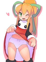 Rule 34 | 1girl, bad id, bad twitter id, blonde hair, boots, capcom, clothes lift, dress, dress lift, green eyes, inactive account, lifted by self, long hair, mega man (classic), mega man (series), navel, one eye closed, open mouth, panties, ponytail, popporunga, ribbon, roll (mega man), smile, solo, underwear, very long hair, white panties