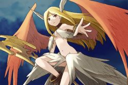 Rule 34 | blonde hair, head wings, knights in the nightmare, long hair, lowres, marietta (yggdra union), midriff, riviera, solo, tobe sunaho, wings, yggdra union