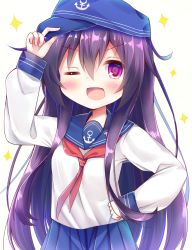 Rule 34 | 1girl, ;d, akatsuki (kancolle), anchor symbol, arm up, blue hat, blue sailor collar, blue skirt, blush, commentary request, esureki, flat cap, hair between eyes, hand on headwear, hand on own hip, hat, highres, kantai collection, long hair, long sleeves, looking at viewer, neckerchief, one eye closed, open mouth, pleated skirt, purple eyes, purple hair, red neckerchief, sailor collar, school uniform, serafuku, shirt, simple background, skirt, sleeves past wrists, smile, solo, sparkle, very long hair, white background, white shirt