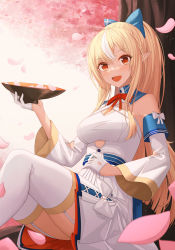Rule 34 | 1girl, :d, absurdres, bare shoulders, blonde hair, blue bow, bow, bowl, breasts, cherry blossoms, choko (cup), clothing request, commentary request, cross-laced clothes, cup, cutout above navel, dark-skinned female, dark skin, detached sleeves, dot nose, dress, forehead, garter straps, gloves, half gloves, hand on own stomach, highres, holding, hololive, legs, light particles, long bangs, long hair, long sleeves, looking at viewer, multicolored hair, open mouth, outdoors, parted bangs, petals, red eyes, shaded face, shadow, shiranui flare, shiranui flare (1st costume), sitting, smile, solo, thighhighs, two-tone hair, virtual youtuber, white dress, white gloves, white hair, white thighhighs, wide sleeves, yt9676