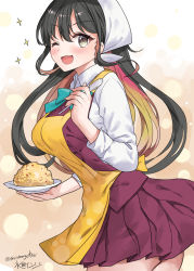 Rule 34 | 1girl, aqua bow, aqua bowtie, artist name, bad anatomy, bad perspective, black hair, blush, bow, bowtie, brown eyes, collared shirt, cowboy shot, dress, fang, food, fried rice, hair between eyes, head scarf, highres, holding, holding plate, kantai collection, long hair, long sleeves, mizuta kenji, multicolored hair, naganami (kancolle), one eye closed, open mouth, pink hair, plate, pleated dress, purple dress, rice, shirt, signature, skin fang, smile, solo, twitter username, white shirt