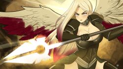 Rule 34 | 1girl, angel wings, armor, avacyn, black armor, blonde hair, blood, bloody wings, boots, bracer, breasts, cleavage, collarbone, commentary, corruption, english commentary, frown, gradient background, grey eyes, highres, holding, holding polearm, holding weapon, ihsnet, large breasts, lipstick, magic: the gathering, makeup, pauldrons, pelvic curtain, polearm, serious, shadow, shoulder armor, solo, spear, thigh boots, thighhighs, upper body, weapon, wings, zettai ryouiki
