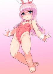 Rule 34 | 1girl, absurdres, animal ears, barefoot, blue eyes, bow, bowtie, breasts, cleft of venus, detached collar, fake animal ears, grey background, harigane shinshi, highres, leotard, long hair, original, partially visible vulva, pink background, pink hair, pink theme, playboy bunny, rabbit ears, sketch, small breasts, solo, wrist cuffs