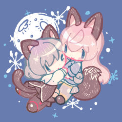 Rule 34 | 2girls, animal ears, bad id, bad pixiv id, blonde hair, blue background, blue eyes, blush stickers, cat ears, cat tail, cheek-to-cheek, chibi, eila ilmatar juutilainen, flying, fox ears, fox tail, full moon, heads together, jacket, long hair, long sleeves, looking at another, military, military uniform, moon, multiple girls, okayu (headless), one eye closed, open mouth, pantyhose, sanya v. litvyak, short hair, silver hair, simple background, smile, star (sky), strike witches, striker unit, tail, triangle mouth, uniform, world witches series