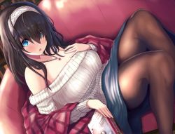 Rule 34 | 1girl, bare shoulders, black hair, blue eyes, blue skirt, blush, book, breasts, brown pantyhose, cleavage, collarbone, couch, hair between eyes, hairband, holding, holding book, idolmaster, idolmaster cinderella girls, jewelry, large breasts, long hair, long skirt, looking at viewer, necklace, off-shoulder sweater, off shoulder, open mouth, pantyhose, pendant, ribbed sweater, sagisawa fumika, shawl, skirt, sweater, thighs, toho (kihon ha yappa), white sweater