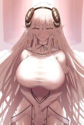 Rule 34 | 1girl, bare shoulders, closed mouth, commentary, commentary request, detached sleeves, hair between eyes, hair ornament, highres, horns, long hair, long sleeves, looking at viewer, original, pointy ears, shiroshisu, sleeves past fingers, sleeves past wrists, smile, solo, white hair