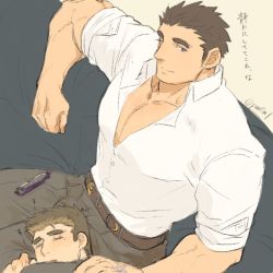 Rule 34 | 2boys, bara, blush, bulge, couple, unworn eyewear, glasses, lap pillow, large pectorals, looking at viewer, pectoral cleavage, male focus, multiple boys, muscular, muscular male, partially unbuttoned, pectorals, pmlial, motoori shiro, shirt, short hair, sideburns, sleeping, sleeping on person, sleeves rolled up, spiked hair, tokyo houkago summoners, translation request, white shirt, yaoi