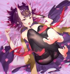 Rule 34 | 1girl, absurdres, bare shoulders, black pantyhose, blush, bob cut, bracelet, bridal gauntlets, commentary request, fate/grand order, fate (series), feet, feet up, fingernails, foot focus, headpiece, highres, horns, japanese clothes, jewelry, kimono, legs together, looking at viewer, lying, nail polish, on back, oni, open clothes, open kimono, open mouth, pantyhose, pearl bracelet, petals, puk (higanbana doujin), purple eyes, purple hair, purple kimono, red ribbon, ribbon, sharp fingernails, short eyebrows, short hair, shuten douji (fate), single bridal gauntlet, skin-covered horns, solo, stirrup legwear, thighband pantyhose, toeless legwear, toes, tongue, tongue out