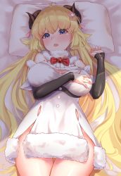 Rule 34 | 1girl, absurdres, ahoge, animal ears, bare legs, bed, blonde hair, blue eyes, blush, bow, bowtie, breasts, brooch, cleavage, commentary, cowboy shot, detached sleeves, dress, from above, fur-trimmed dress, fur trim, hair ornament, hairclip, hand on own chest, highres, hololive, horns, indoors, jewelry, large breasts, long hair, looking at viewer, lying, on back, open mouth, pillow, red bow, red bowtie, roco (rocoroco1115), shade, sheep ears, sheep horns, solo, sunlight, thighs, tsunomaki watame, tsunomaki watame (1st costume), virtual youtuber, white dress