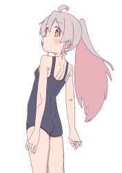 Rule 34 | 1girl, ahoge, ass, blush stickers, breasts, brown eyes, genderswap, genderswap (mtf), grey hair, highres, long hair, looking back, one-piece swimsuit, onii-chan wa oshimai!, open mouth, oyama mahiro, pink pupils, ponytail, small breasts, smile, solenhfe, solo, standing, swimsuit