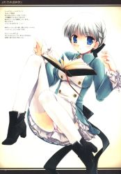 Rule 34 | alice elliot, blue eyes, blush, book, clothes lift, highres, panties, pantyshot, scan, shadow hearts, short hair, silver hair, skirt, skirt lift, solo, thighhighs, underwear