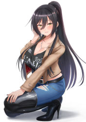 Rule 34 | 1girl, :d, belt, black belt, black hair, black nails, black shirt, black thighhighs, boots, breasts, brown jacket, cleavage, denim, earrings, hair between eyes, hand on own cheek, hand on own face, high heel boots, high heels, high ponytail, highres, idolmaster, idolmaster shiny colors, jacket, jeans, jewelry, large breasts, long hair, looking at viewer, midriff, nail polish, necklace, open clothes, open jacket, open mouth, pants, parted lips, ponytail, shirase sakuya, shirt, shogun (a96040021), smile, squatting, thighhighs, torn clothes, torn jeans, torn pants, yellow eyes