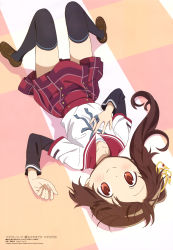 Rule 34 | 1girl, absurdres, aniplex, artist request, black thighhighs, brown footwear, brown hair, buttons, checkered floor, closed mouth, collarbone, copyright name, dot nose, fingernails, floor, from above, full body, hand on own chest, hand rest, happy, highres, knees together feet apart, knees up, light blush, loafers, long hair, long sleeves, looking at viewer, looking up, lying, magia record: mahou shoujo madoka magica gaiden, mahou shoujo madoka magica, messy hair, official art, on back, on floor, orange eyes, plaid, plaid skirt, red sailor collar, red skirt, sailor collar, school uniform, serafuku, shadow, shoes, side ponytail, skirt, smile, solo, thighhighs, thighs, uniform, upside-down, yui tsuruno, zettai ryouiki