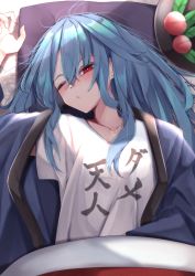 Rule 34 | 1girl, alternate costume, arm up, black hat, blanket, blue hair, blue kimono, blush, bow, breasts, bright pupils, closed mouth, clothes writing, collarbone, commentary, eyes visible through hair, food, from above, fruit, hair between eyes, hair spread out, half-closed eye, hat, head tilt, highres, hinanawi tenshi, japanese clothes, kimono, leaf, long hair, looking at viewer, lying, messy hair, on back, one eye closed, peach, pillow, red eyes, shirt, short sleeves, sidelocks, small breasts, solo, t-shirt, touhou, translated, tsune (tune), under covers, unworn headwear, waking up, white shirt