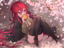 Rule 34 | 1girl, :3, blush, bow, bowtie, bread, cherry blossoms, eating, food, highres, holding, holding food, jacket, jacket on shoulders, knees up, loafers, long hair, long sleeves, maccha (udva5383), melon bread, petals, red eyes, red hair, school uniform, shakugan no shana, shana, shoes, sitting, solo, thighhighs, very long hair