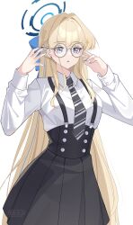 Rule 34 | 1girl, adjusting eyewear, akanora, alternate costume, artist name, black skirt, blonde hair, blue archive, blue halo, blue nails, blue ribbon, breasts, buttons, collared shirt, cowboy shot, diagonal-striped clothes, diagonal-striped necktie, double-breasted, earrings, hair intakes, hair ribbon, halo, hands up, high-waist skirt, highres, jewelry, long hair, long sleeves, medium breasts, nail polish, necktie, pleated skirt, ribbon, round eyewear, shirt, shirt tucked in, simple background, skirt, solo, sparkling aura, striped clothes, suspender skirt, suspenders, toki (blue archive), twitter username, very long hair, white background, white shirt