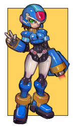 Rule 34 | 1girl, aile (mega man zx), arm cannon, armor, blush, breasts, brown hair, commentary request, covered erect nipples, covered navel, dakusuta, full body, gloves, green eyes, highres, layered sleeves, long sleeves, mega man (series), mega man zx, outside border, power armor, short hair, short over long sleeves, short sleeves, simple background, skin tight, smile, solo, standing, v, weapon, yellow background