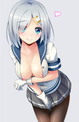 Rule 34 | 10s, 1girl, black pantyhose, blue eyes, breasts, collarbone, colored eyelashes, eyes visible through hair, gloves, hair between eyes, hair ornament, hair over one eye, hairclip, hamakaze (kancolle), hanging breasts, highres, kantai collection, kasaran (e kisama), large breasts, leaning forward, looking at viewer, nipples, open clothes, open shirt, pantyhose, pleated skirt, sailor collar, school uniform, serafuku, shirt, silver hair, skirt, smile, solo, white gloves