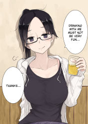 Rule 34 | 1girl, absurdres, alcohol, beer, black-framed eyewear, black hair, blush, breasts, closed mouth, commentary, glasses, hard-translated, highres, holding, jacket, large breasts, long sleeves, looking at viewer, messy hair, open clothes, open jacket, original, rucchiifu, semi-rimless eyewear, smile, solo, tank top, third-party edit, translated, under-rim eyewear