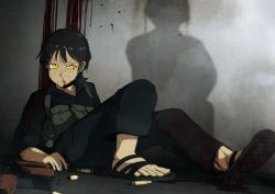 Rule 34 | 1girl, against wall, ak-47, ammunition pouch, assault rifle, averting eyes, black footwear, black hair, black pants, black shirt, blood, blood from mouth, blood on wall, closed mouth, collared shirt, commentary, dying, english commentary, frown, gun, half-closed eye, harness, highres, kalashnikov rifle, leaning back, long sleeves, mrxinom, original, pants, pouch, rifle, sandals, shadow, shell casing, shirt, short hair, soldier, solo focus, sweat, toes, vietnam war, weapon, yellow eyes