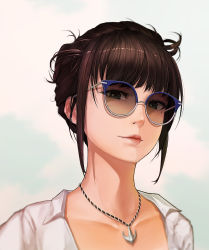 Rule 34 | 1girl, black hair, breasts, brown hair, closed mouth, collarbone, collared shirt, hair up, highres, jewelry, kit park, long hair, looking at viewer, lynn (mabinogi), mabinogi, mabinogi heroes, mole, mole under eye, necklace, portrait, shirt, sidelocks, signature, simple background, smile, solo, sunglasses, tinted eyewear, white shirt
