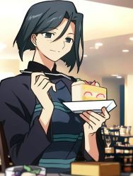 Rule 34 | 1girl, androgynous, black eyes, black hair, cake, commentary request, cup, drinking glass, fate/zero, fate (series), food, fork, hair between eyes, highres, hisau maiya, holding, holding fork, plate, restaurant, short hair, smile, solo, wine glass, yuuma (u-ma)