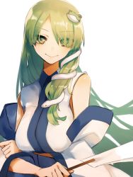 Rule 34 | 1girl, bad id, bad pixiv id, breast hold, breasts, bronze liver, closed eyes, crossed arms, detached sleeves, eyes visible through hair, frog hair ornament, gohei, green eyes, green hair, hair ornament, kochiya sanae, large breasts, long hair, looking at viewer, nontraditional miko, parted bangs, simple background, smile, snake hair ornament, solo, straight hair, touhou, upper body, white background, wide sleeves