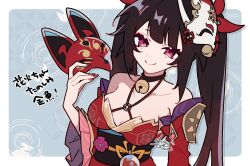 Rule 34 | 1girl, bare shoulders, breasts, brown hair, cleavage, closed mouth, detached sleeves, eyeliner, fox mask, highres, honkai: star rail, honkai (series), japanese clothes, jewelry, makeup, mask, medium breasts, mole, mole under each eye, mole under eye, multiple moles, necklace, red eyeliner, red eyes, red mask, red sleeves, shigetake (buroira), signature, sketch, smile, solo, sparkle (honkai: star rail), translation request, twintails, upper body, white mask