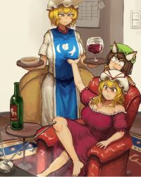 Rule 34 | 3girls, alcohol, animal ear piercing, animal ears, animal hat, blonde hair, blue tabard, bottle, bow, breasts, calendar (object), cat ears, chanta (ayatakaoisii), chen, cleavage, cup, dress, drinking glass, earrings, fox ears, fox tail, grabbing, grabbing another&#039;s breast, green hat, hair bow, hat, highres, huge breasts, jewelry, long hair, long sleeves, mob cap, multiple girls, multiple tails, purple dress, red wine, ribbon, serving, short hair, single earring, smile, tabard, tail, third-party source, touhou, tray, unamused, watching television, wine, wine bottle, wine glass, yakumo ran, yakumo yukari, yellow eyes, yuri