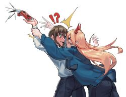 Rule 34 | !?, 2girls, barley juice, black necktie, black pants, blonde hair, blue jacket, blush, brown hair, chainsaw man, collared shirt, face-to-face, food in mouth, higashiyama kobeni, highres, holding another&#039;s wrist, horns, jacket, long hair, looking at another, multiple girls, necktie, pants, pocky, pocky in mouth, power (chainsaw man), red horns, shared food, shirt, shirt tucked in, short hair, simple background, sweat, white background, white shirt