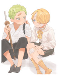 Rule 34 | 2boys, aged down, annoyed, ascot, bandage on face, bandage on knee, bandage on leg, bandages, bandaid, bandaid on face, bandaid on forehead, black hakama, black socks, blonde hair, blue eyes, blush, commentary, cropped legs, curly eyebrows, cuts, frills, full body, green eyes, green hair, hair over one eye, hakama, hakama skirt, hand on another&#039;s cheek, hand on another&#039;s face, highres, holding, holding weapon, injury, japanese clothes, knees up, lily-summer-0607, long bangs, long sleeves, male focus, multiple boys, nervous smile, one piece, roronoa zoro, sanji (one piece), short hair, simple background, sitting, skirt, smile, socks, sword, weapon, white background, wooden sword, yellow ascot, yellow socks