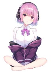 Rule 34 | 1girl, bare legs, barefoot, bow, bowtie, breasts, buttons, collared shirt, dress shirt, full body, gridman universe, grin, hair between eyes, headphones, highres, indian style, jacket, large breasts, long sleeves, looking at viewer, purple bow, purple bowtie, purple hair, purple jacket, red eyes, shinjou akane, shirt, short hair, simple background, sitting, smile, solo, ssss.gridman, teeth, toenails, track jacket, white background, white shirt, yukarite, zipper pull tab