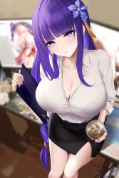 Rule 34 | 1girl, black skirt, blunt bangs, blurry, blurry background, blush, bra visible through clothes, braid, breasts, cleavage, closed mouth, collared shirt, cup, dress shirt, drinking straw, flower, genshin impact, hair flower, hair ornament, highres, holding, holding cup, indoors, large breasts, liu liaoliao, long hair, long sleeves, looking at viewer, mole, mole under eye, monitor, multiple monitors, nail polish, purple eyes, purple flower, purple hair, purple nails, raiden shogun, shirt, skirt, solo, standing, very long hair, white shirt, yae miko